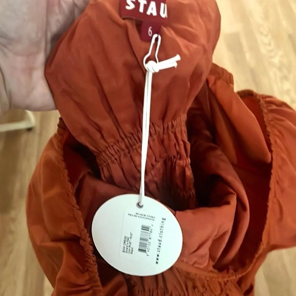 NWT Staud,Form Flattering Bow Dress Puff Sleeve Mini Rust Red, Boho, Lux,Size 6 - Picture 9 of 9
